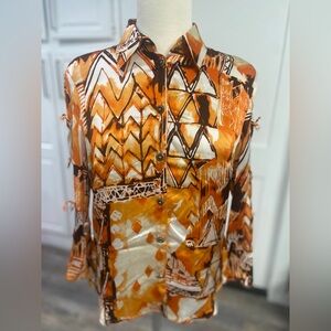 VTG Escada 1960’s SZ 38 Orange Brown 100% Silk Charmeuse Blouse Open Tie Sleeve